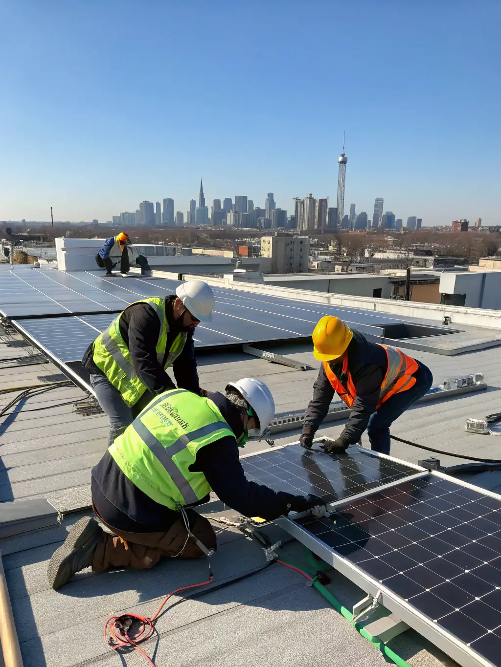 An image showing a PV installation team working on a residential rooftop, successfully installing solar panels, representing the end result of Abschlusskraft's lead generation efforts.