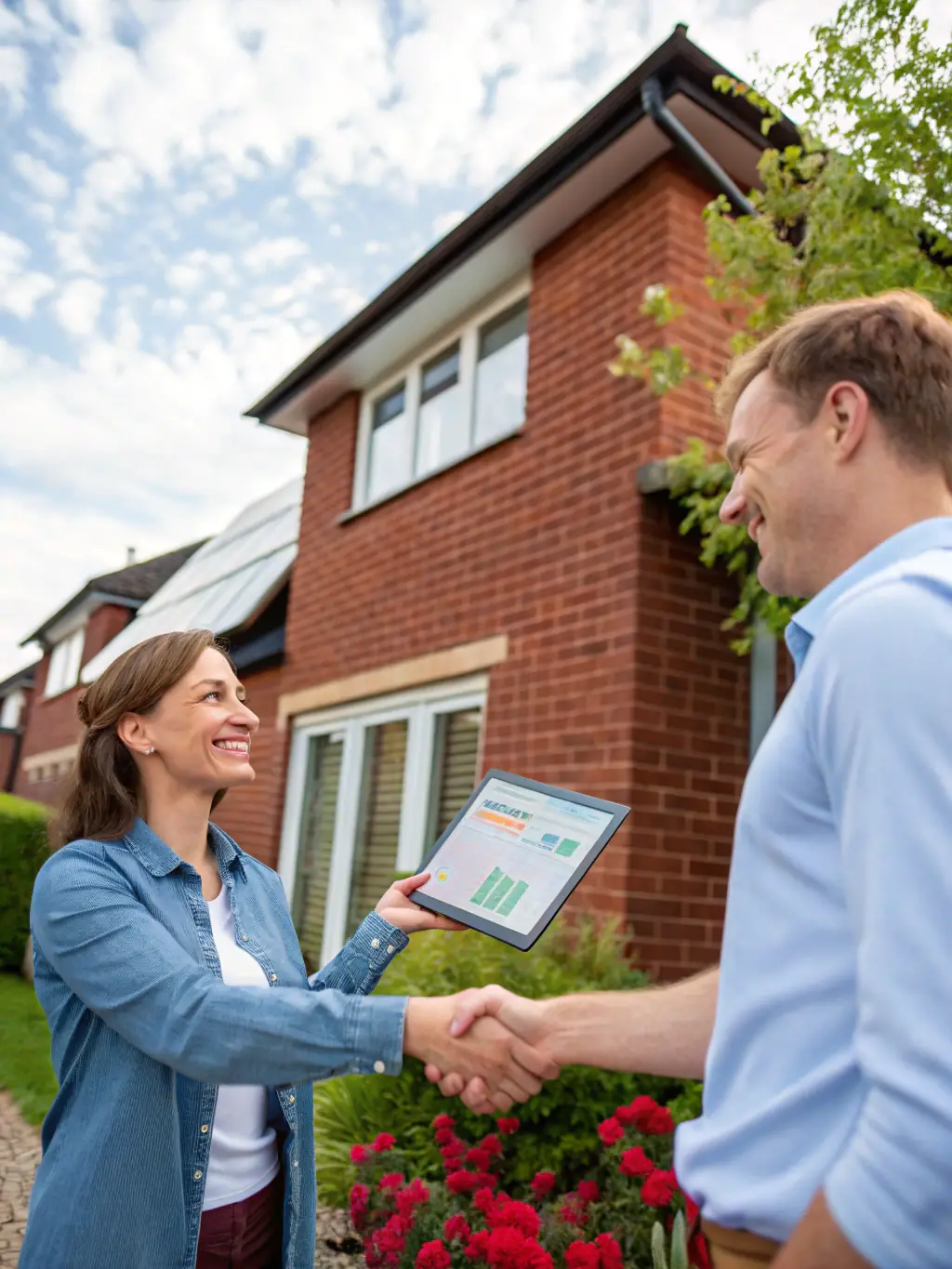 A friendly and professional Abschlusskraft representative is shown engaging in a conversation with a homeowner at their front door, with visible solar panels on the roof of a nearby house, symbolizing the start of a successful lead generation process.