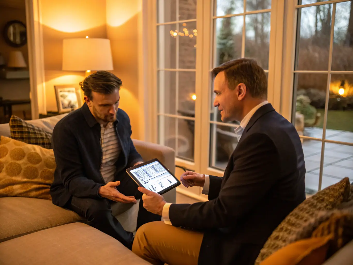 A photo of a consultant from Abschlusskraft explaining the benefits of solar energy to a homeowner at their front door, emphasizing a friendly and informative interaction.